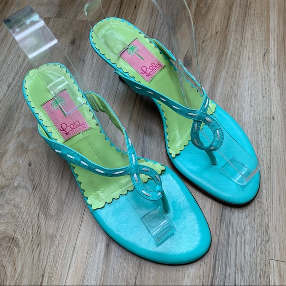 LILLY PULITZER Vintage Thong Kitten Heel Sandal Teal Green Shoes Size 7.5 Preppy - Picture 2 of 6
